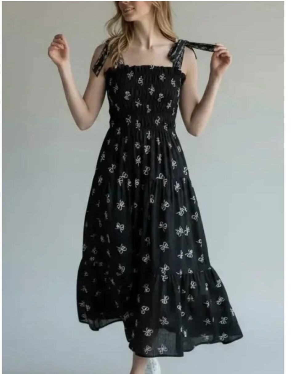 En Saison Black White Bow Print Smocked Tiered Cotton Maxi Dress Tie Strap Nap
